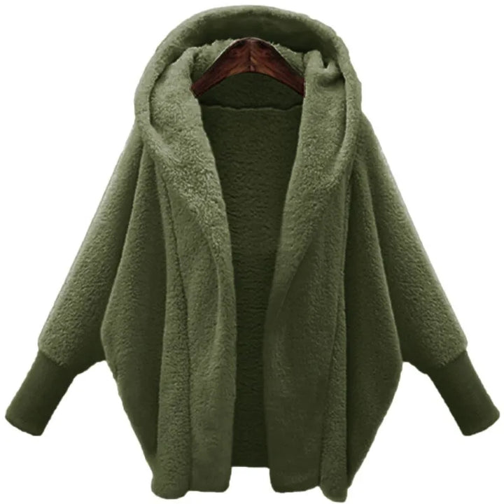 Army green hooded fleece coat with batwing sleeves, front view