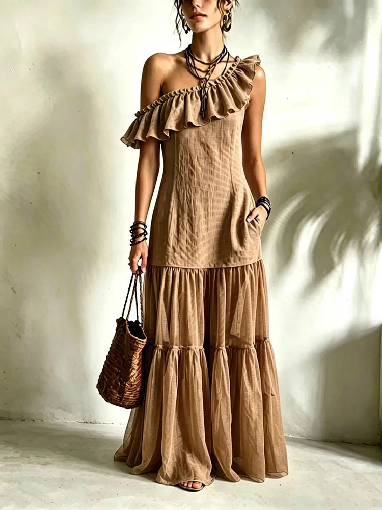 Brielle One Shoulder Asymmetrical Ruffle Maxi Dress