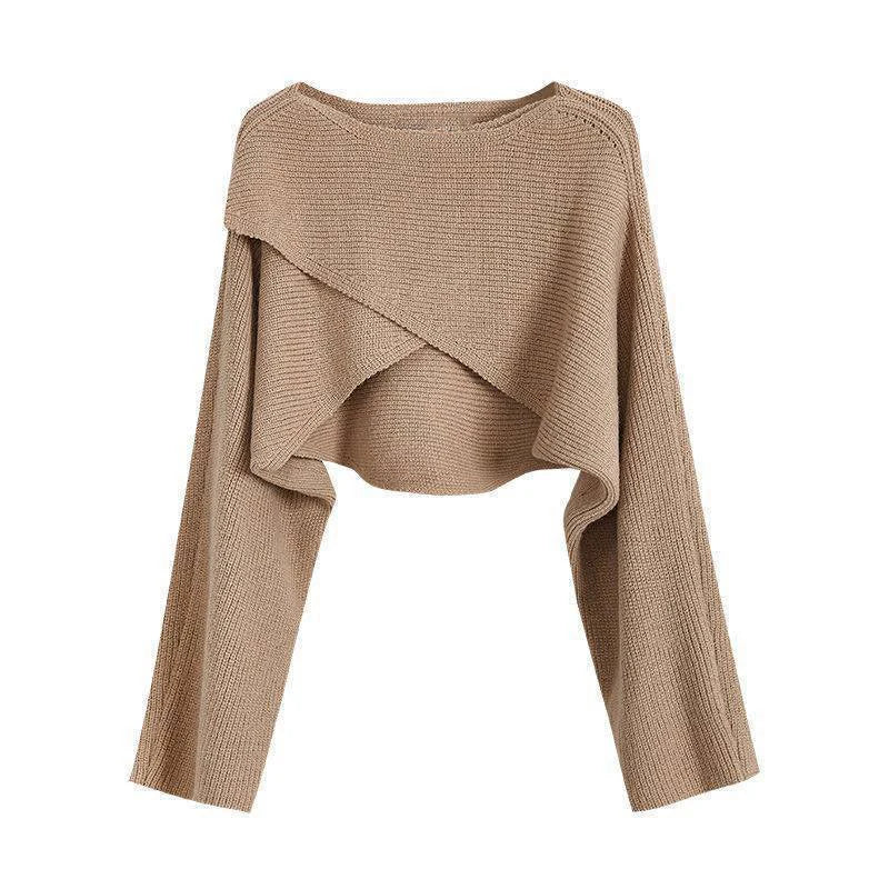 Khaki crisscross wrap crop sweater, flat lay front view