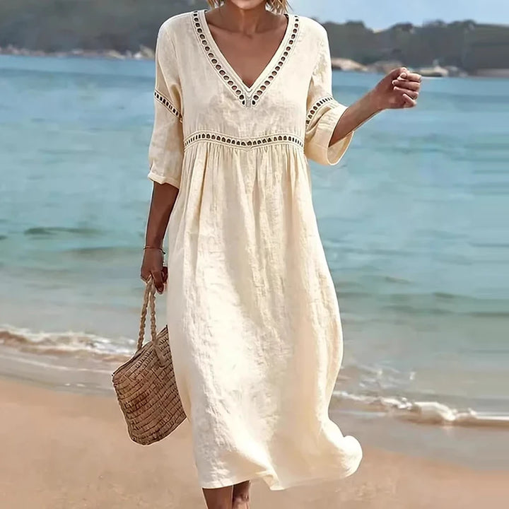 Brenna Hollow Trim V-Neck Midi Dress