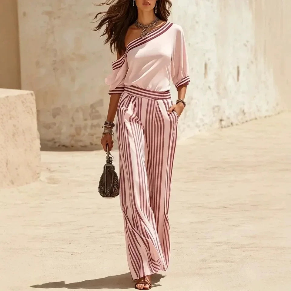 Avery One Shoulder Sleeveless Striped Jumpsuit Set