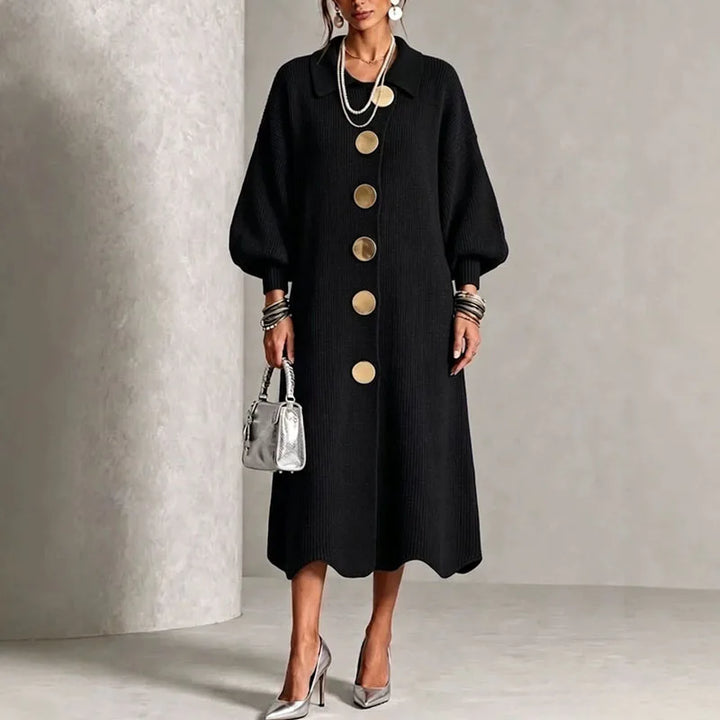 Black ribbed knit sweater dress, front view