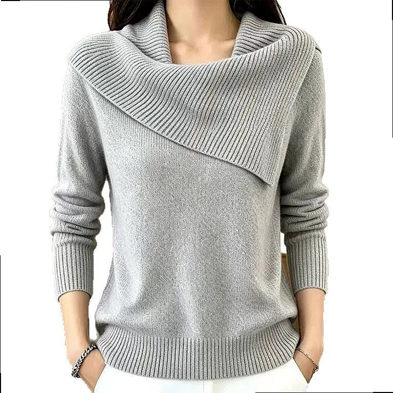 Silver gray sweater with asymmetric foldover ribbed collar, front view