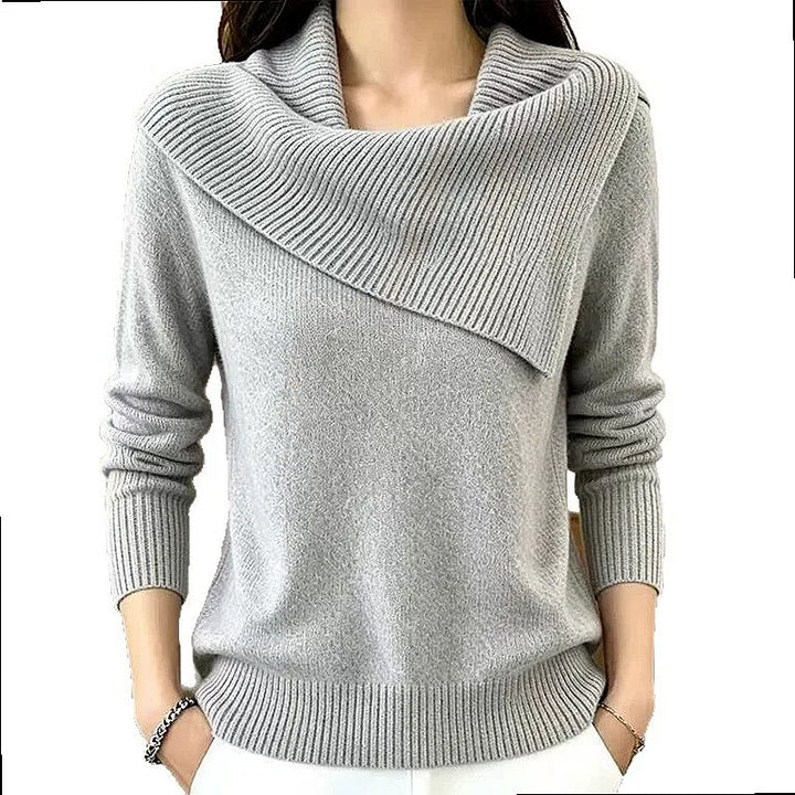 Silver gray sweater with asymmetric foldover ribbed collar, front view
