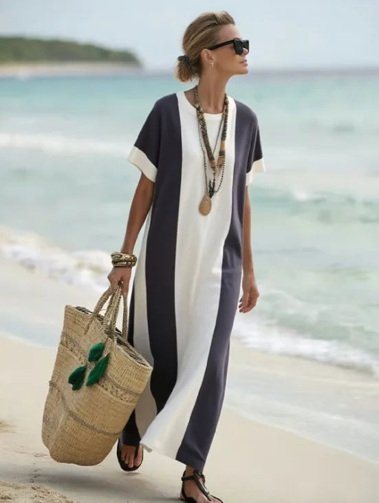 Marina Striped Short Sleeve Flowing Maxi Dress