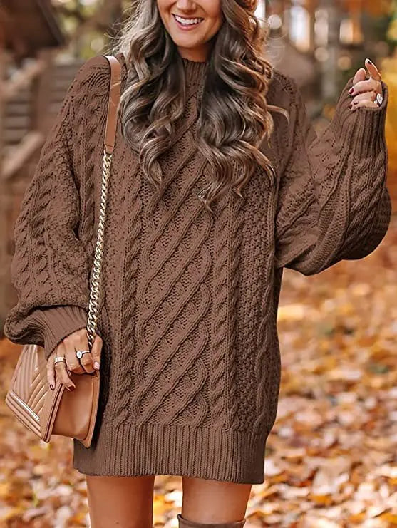 Brown cable knit sweater dress close up