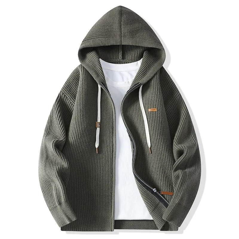 Olive green ribbed knit hooded cardigan with front zip
