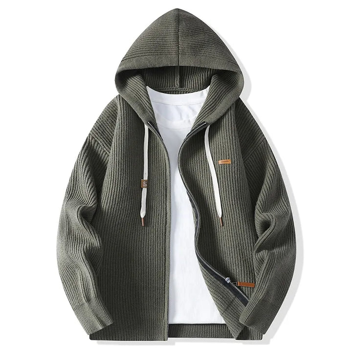 Olive green ribbed knit hooded cardigan with front zip