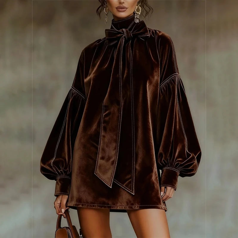Brown velvet bow tie mini dress with lantern sleeves, front view