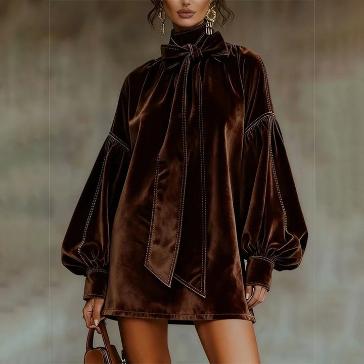 Brown velvet bow tie mini dress with lantern sleeves, front view
