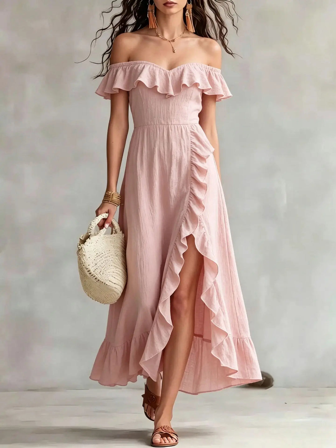 Arabella Off Shoulder Split Hem Maxi Dress