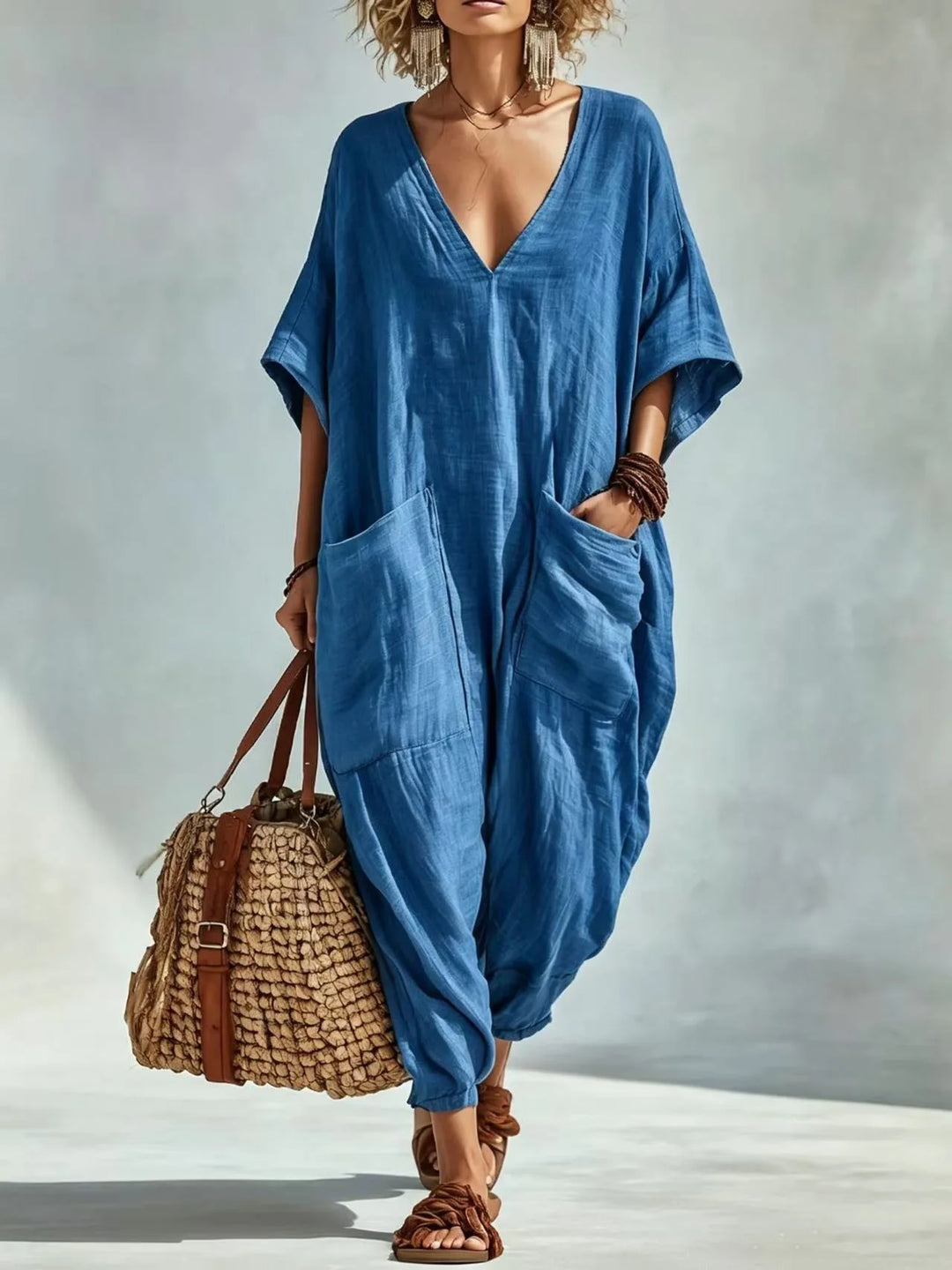 Serena V Neck Linen Blend Pocket Romper