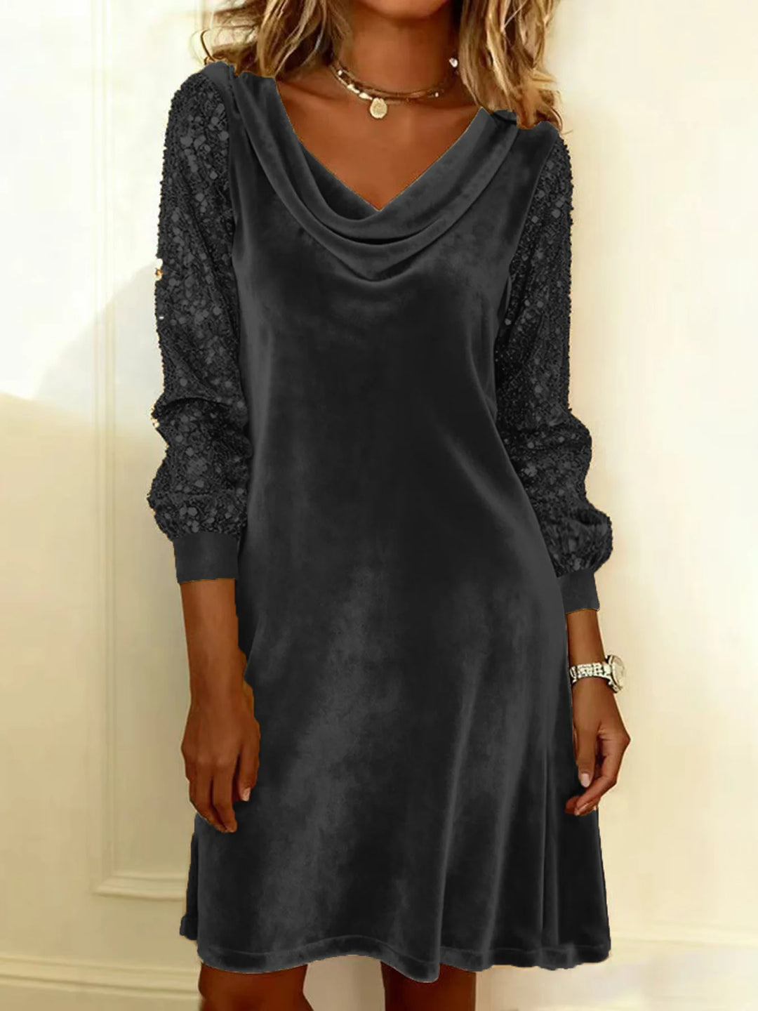 Black velvet dress with lace sleeves and cowl neckline, front view