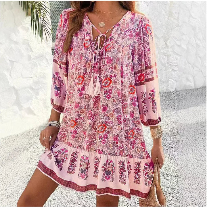 Delilah Relaxed Boho Print Long Sleeve Mini Dress