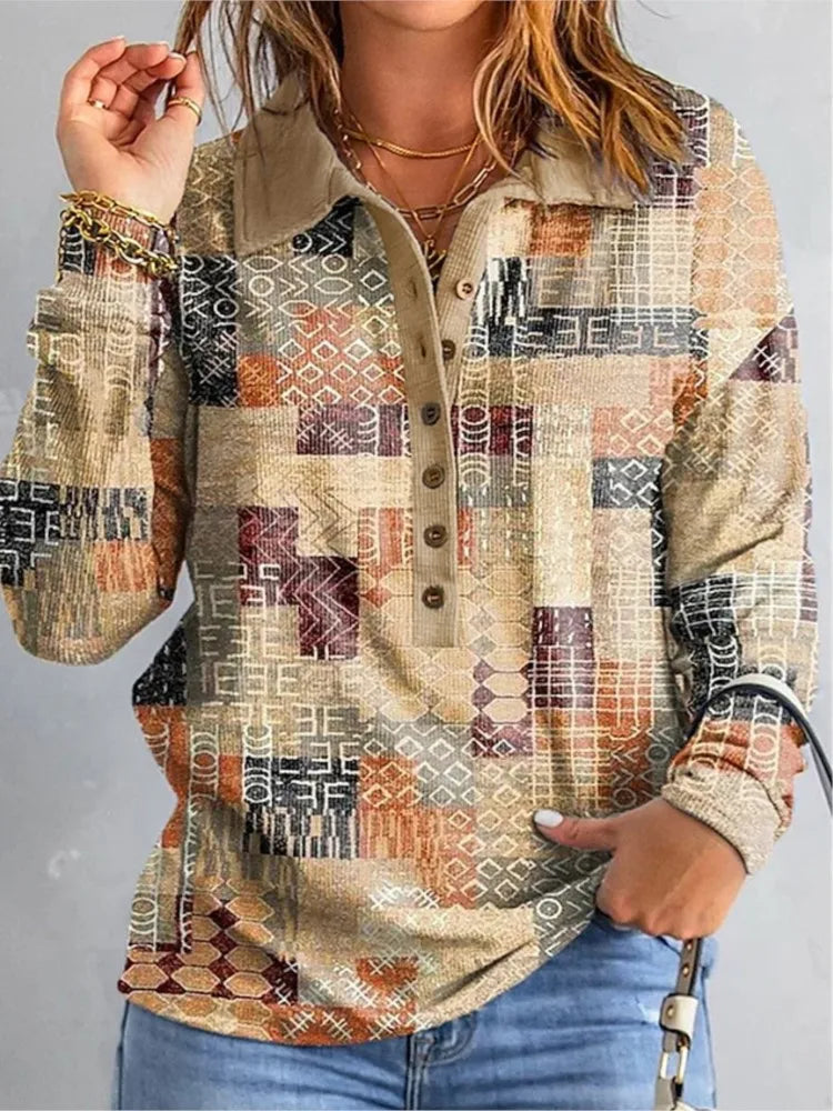 Woman wearing khaki patchwork print button placket top