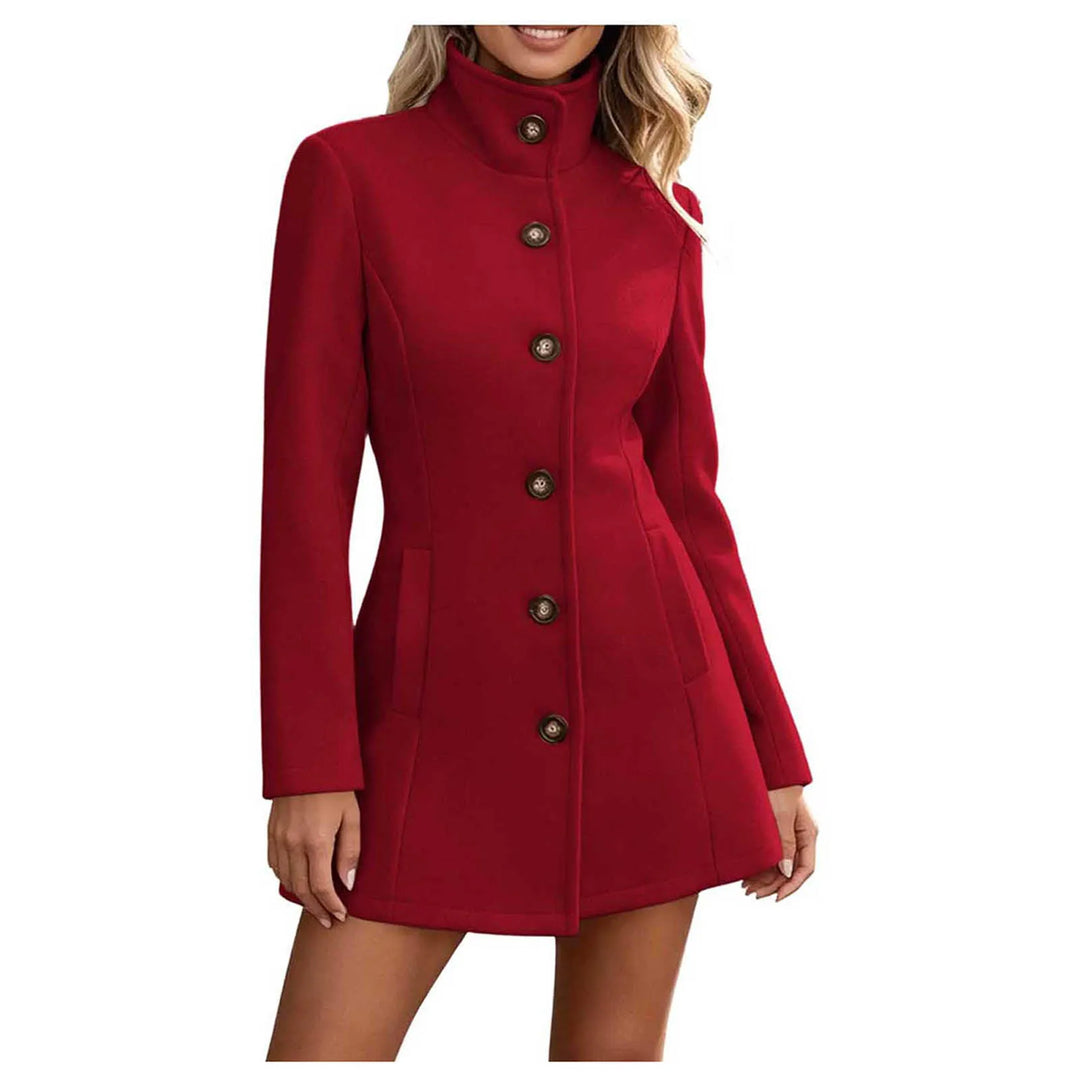 Red stand collar wool coat with button front, close-up view