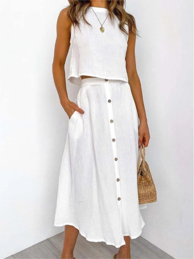 Eleanora Sleeveless Top And Button Midi Skirt Set