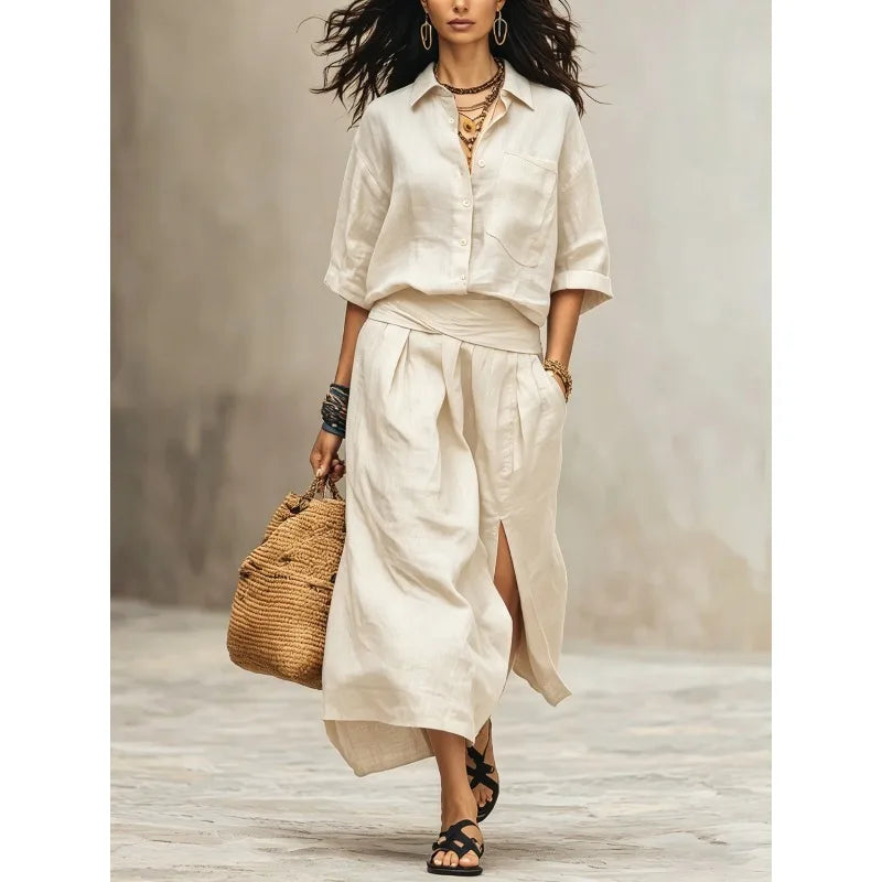 Carina Linen Shirt and Midi Skirt Set
