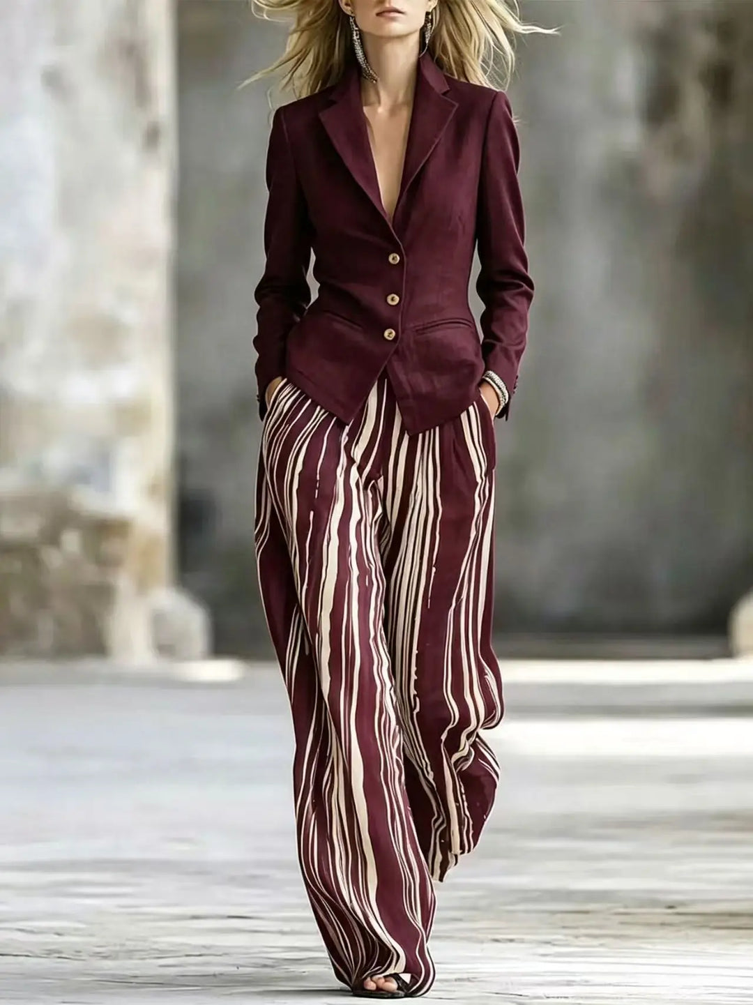 Woman wearing burgundy blazer with striped wide leg pants two piece suit