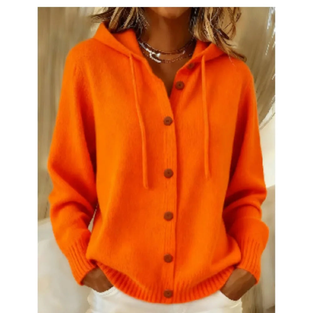 Orange hooded knit cardigan with button front