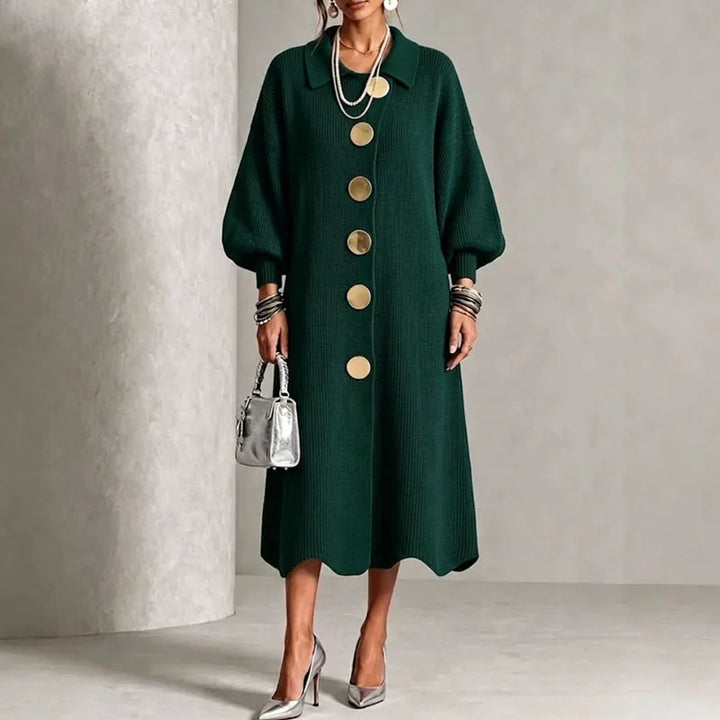 Green ribbed knit sweater dress, front view