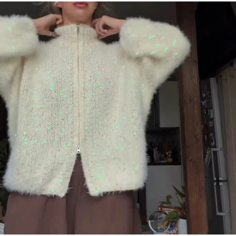 Apricot fuzzy sequin cardigan zipper detail