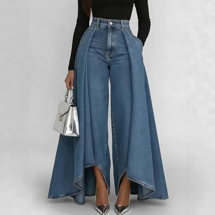 Light blue layered denim wide leg jeans, front view