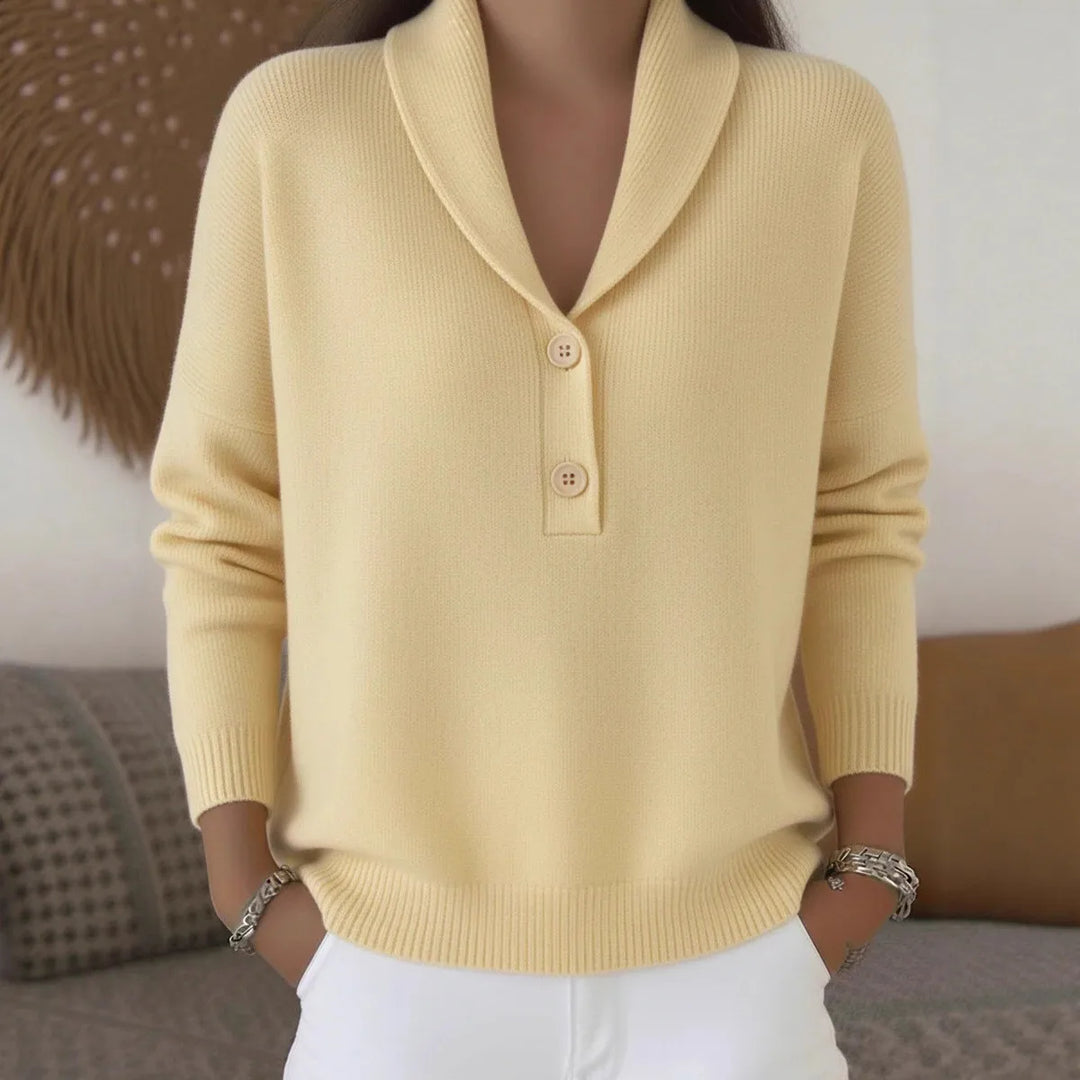 Close up of light yellow shawl collar sweater with button placket