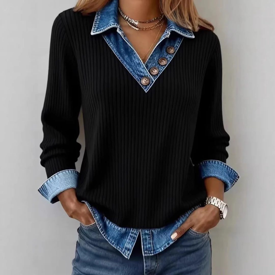 Black ribbed knit pullover with denim collar and button V-neck