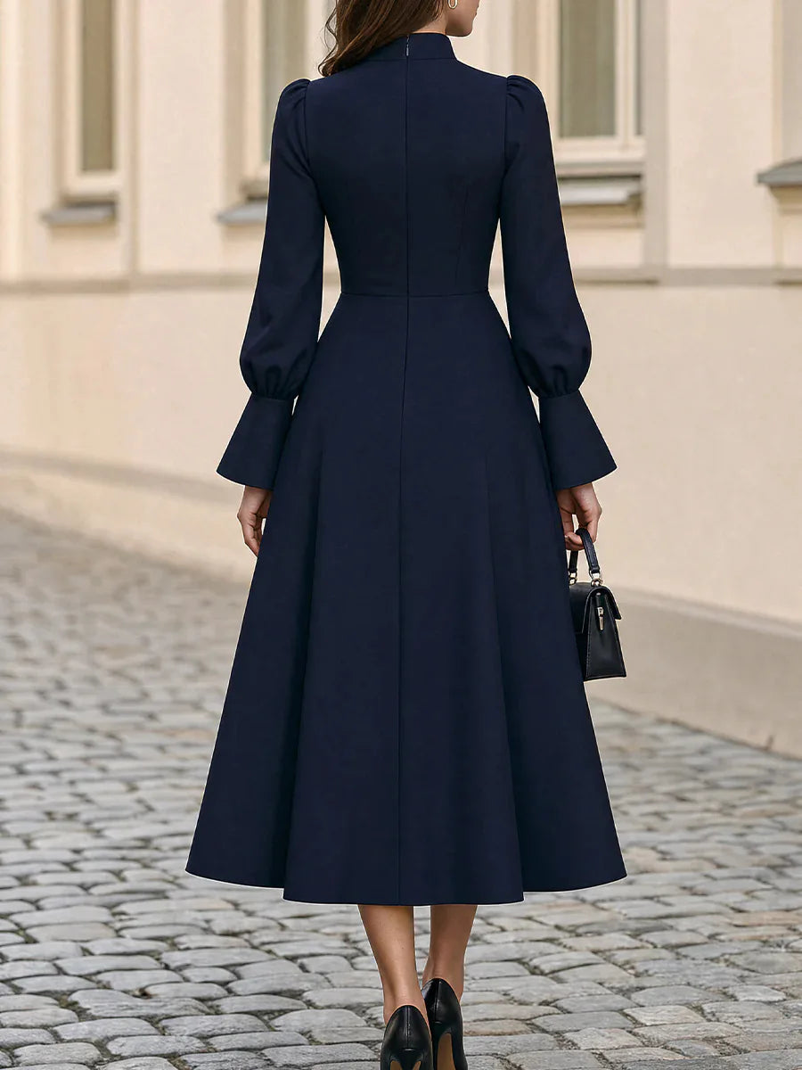 Navy blue midi dress, back view showing zip closure
