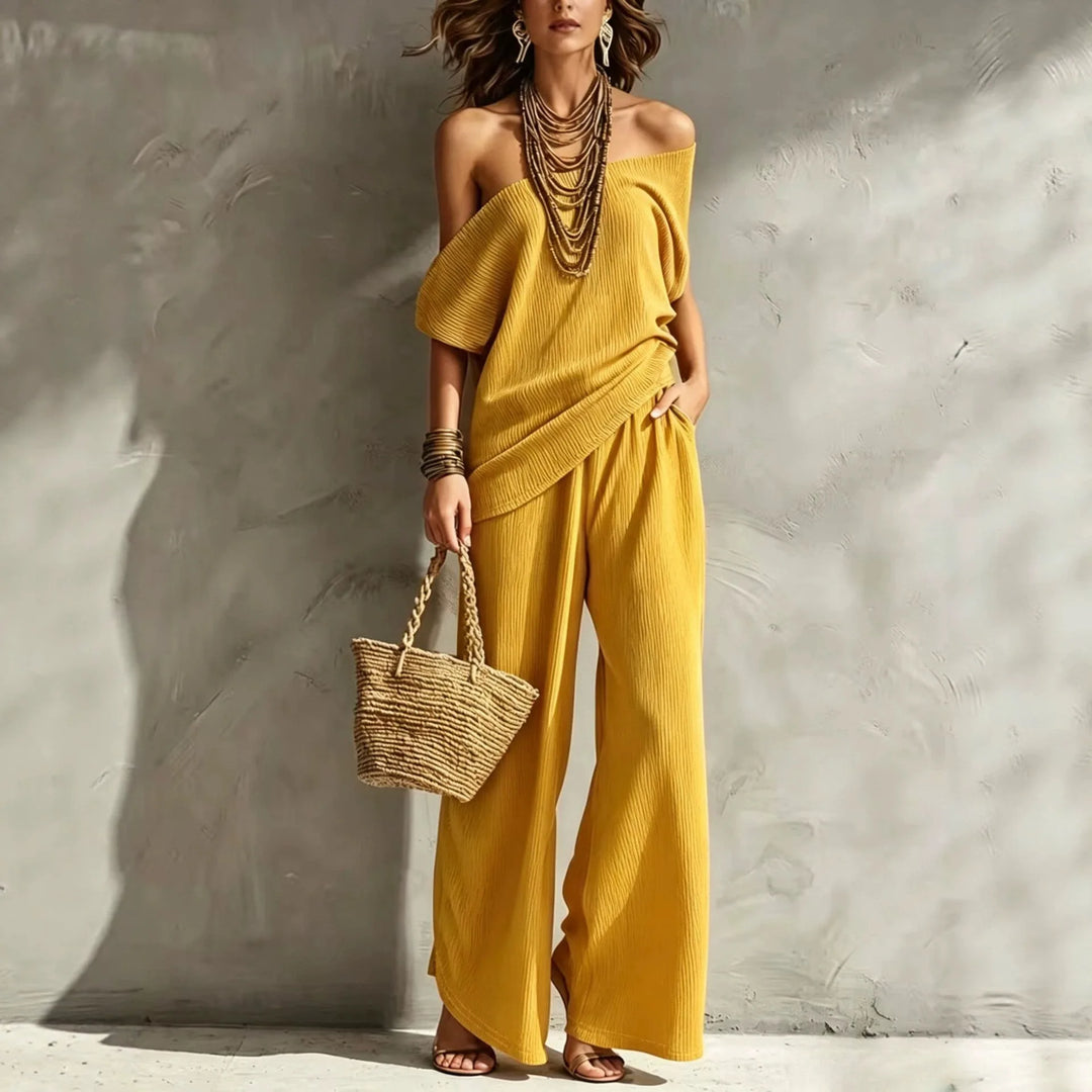 Isabelle Off Shoulder Wide Leg Jumpsuit Set