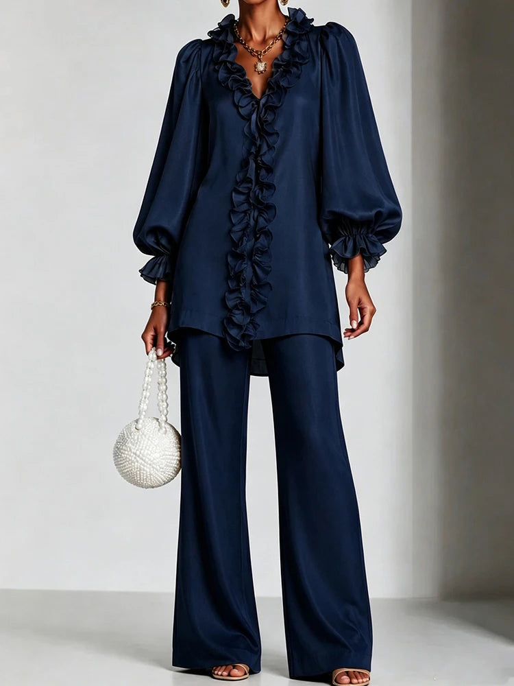 Navy blue ruffled V-neck top and wide leg pants set