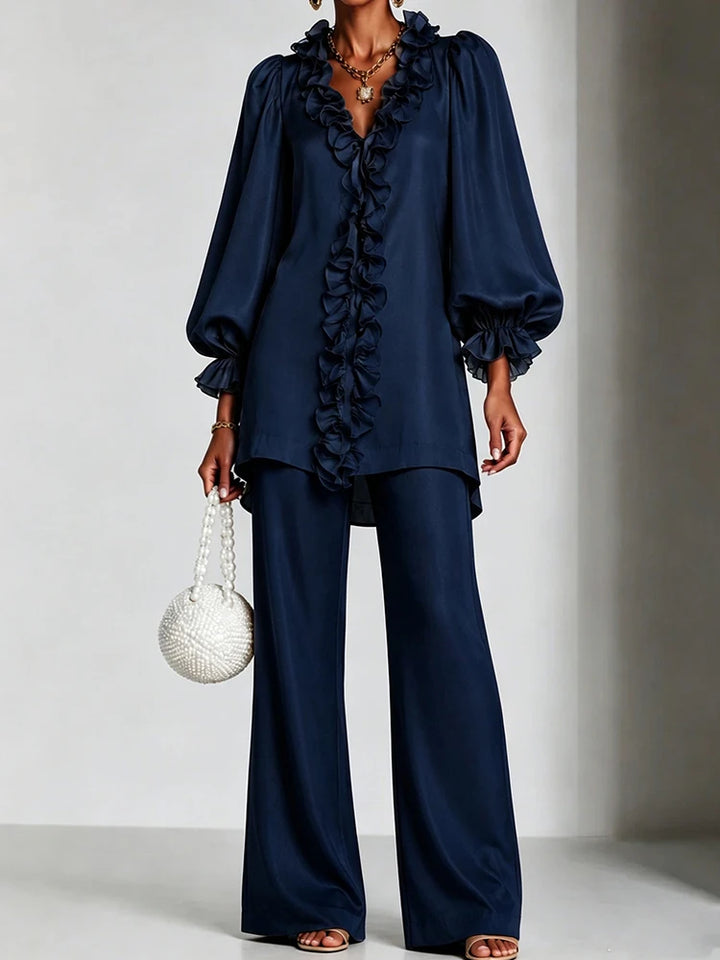 Navy blue ruffled V-neck top and wide leg pants set