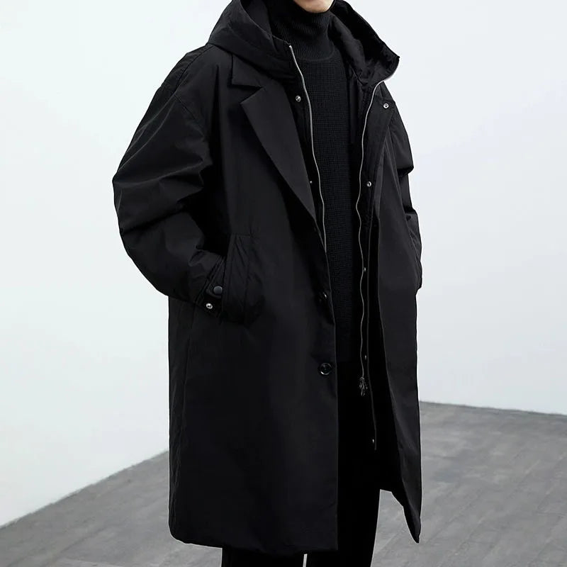 Black hooded trench coat, front angled view