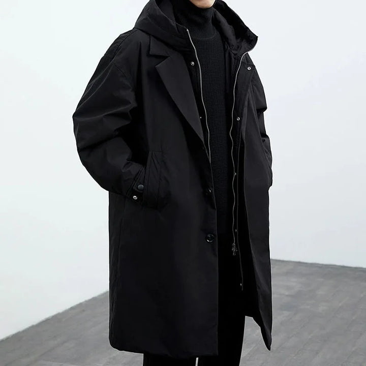 Black hooded trench coat, front angled view