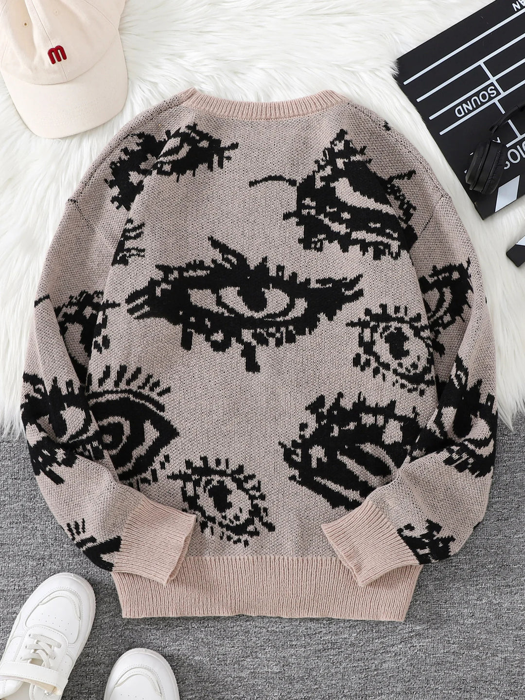 Khaki eye print sweater back view flat lay