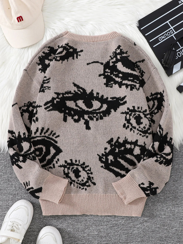 Khaki eye print sweater back view flat lay