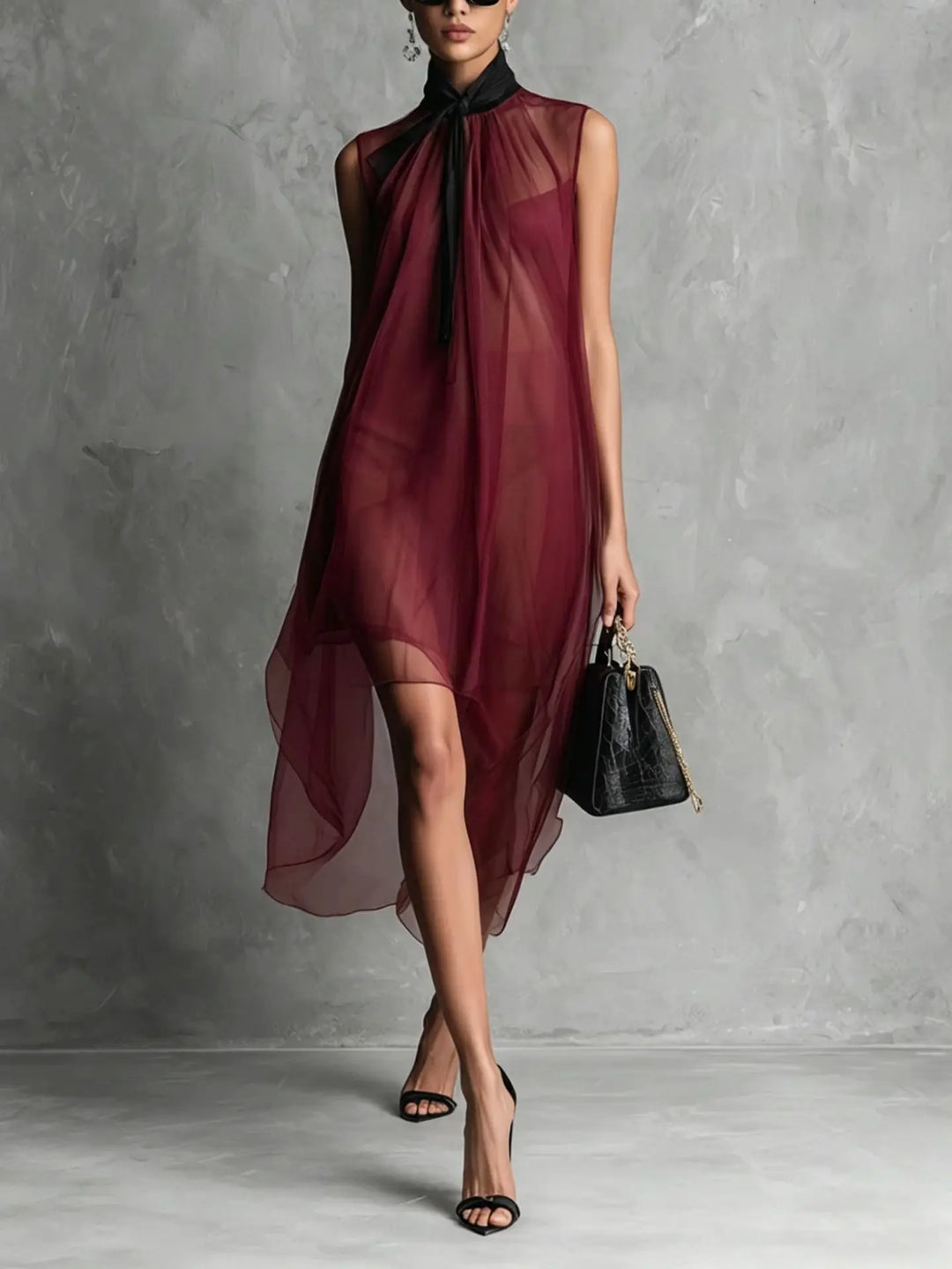 Annalise Sleeveless Bow Neck Chiffon Midi Dress