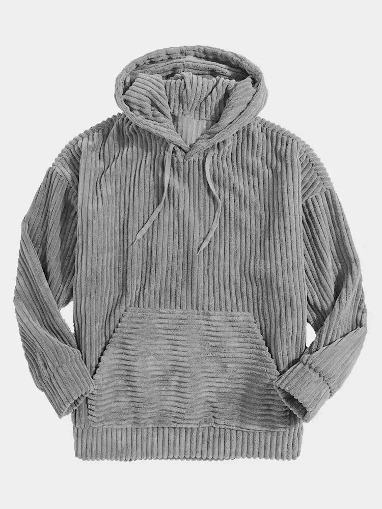 Grey corduroy hoodie front flat lay