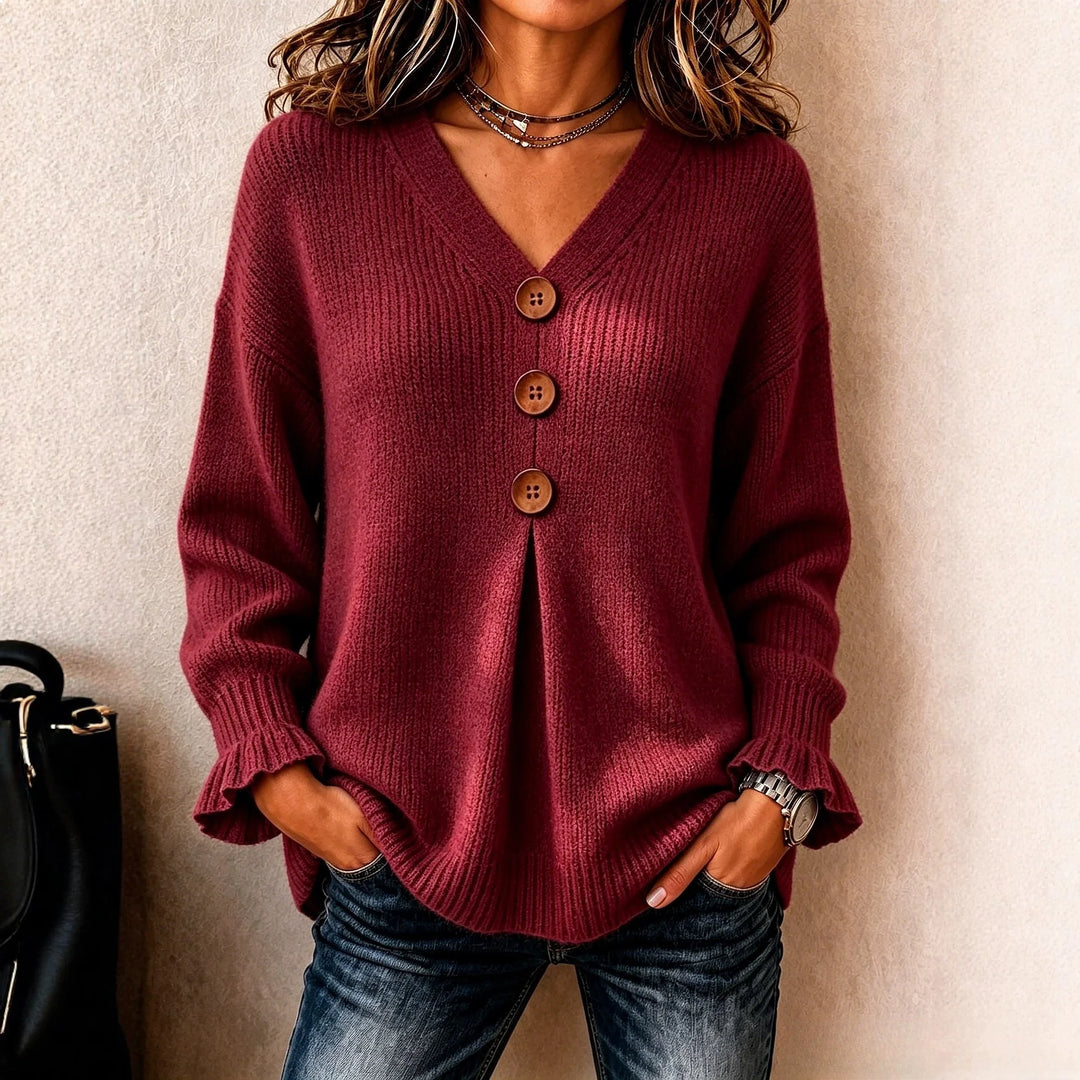 Burgundy ribbed knit sweater with wood button placket, front view