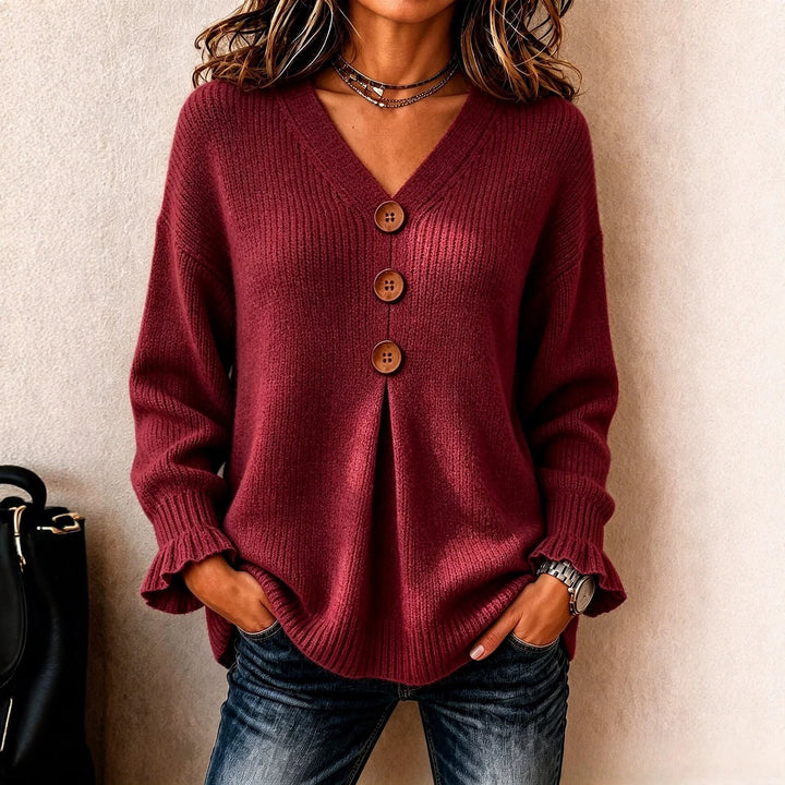 Burgundy ribbed knit sweater with wood button placket, front view