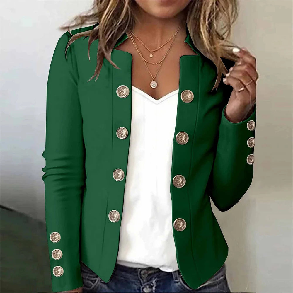 Green blazer with gold button detail worn open