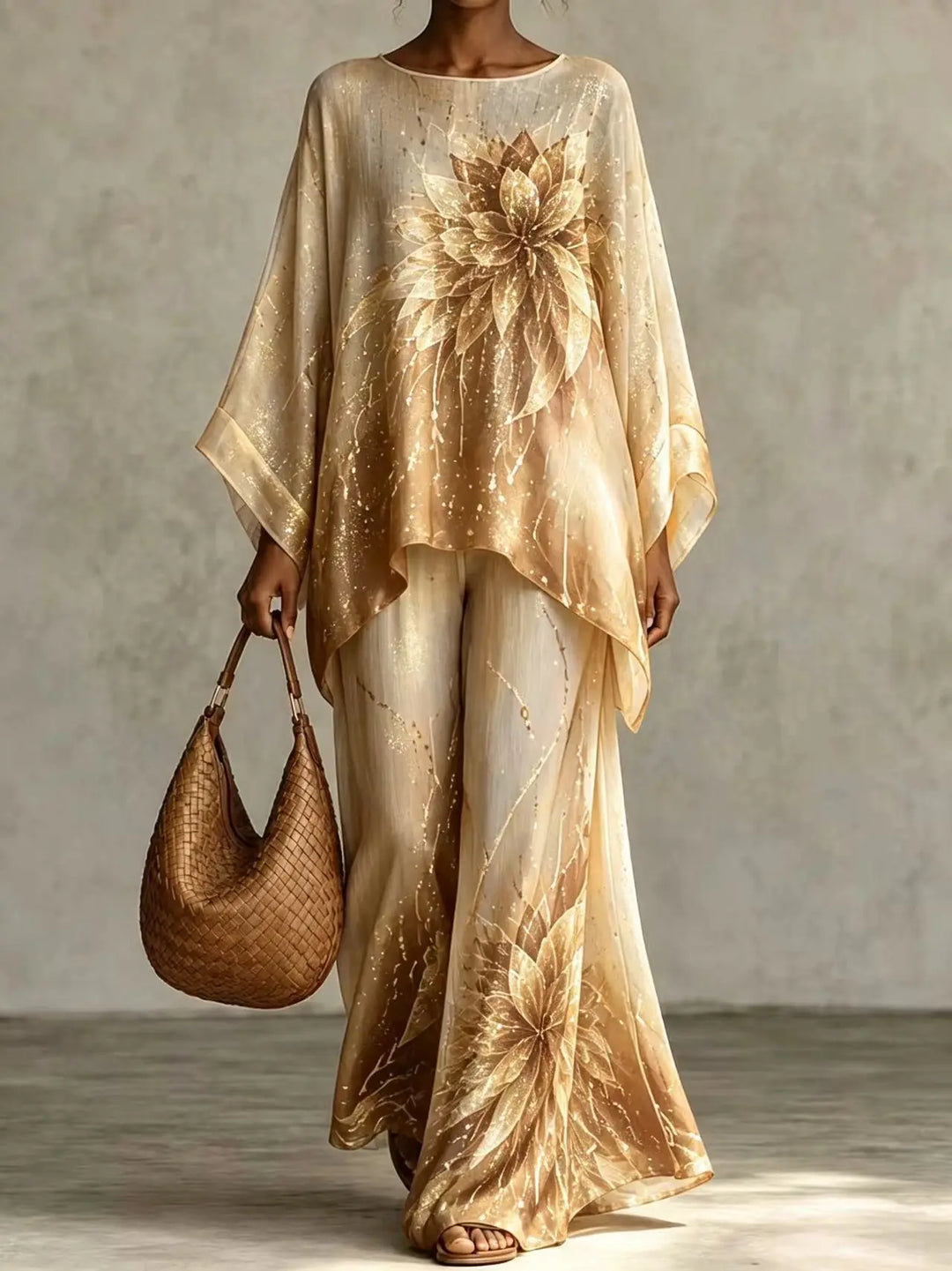 Woman wearing gold floral print two piece pant set