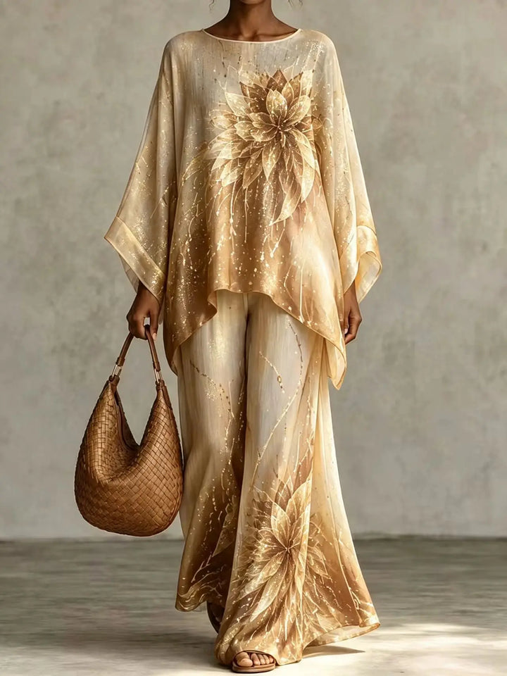 Woman wearing gold floral print two piece pant set