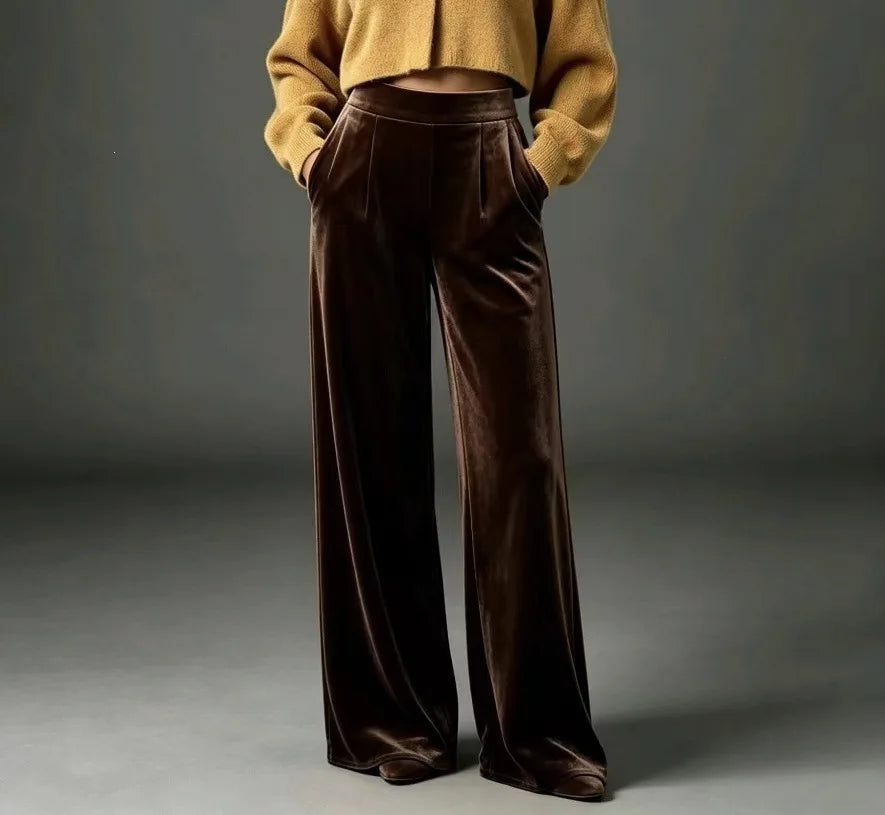 Coffee brown velvet wide leg pants, front view
