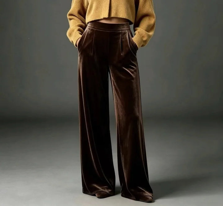 Coffee brown velvet wide leg pants, front view