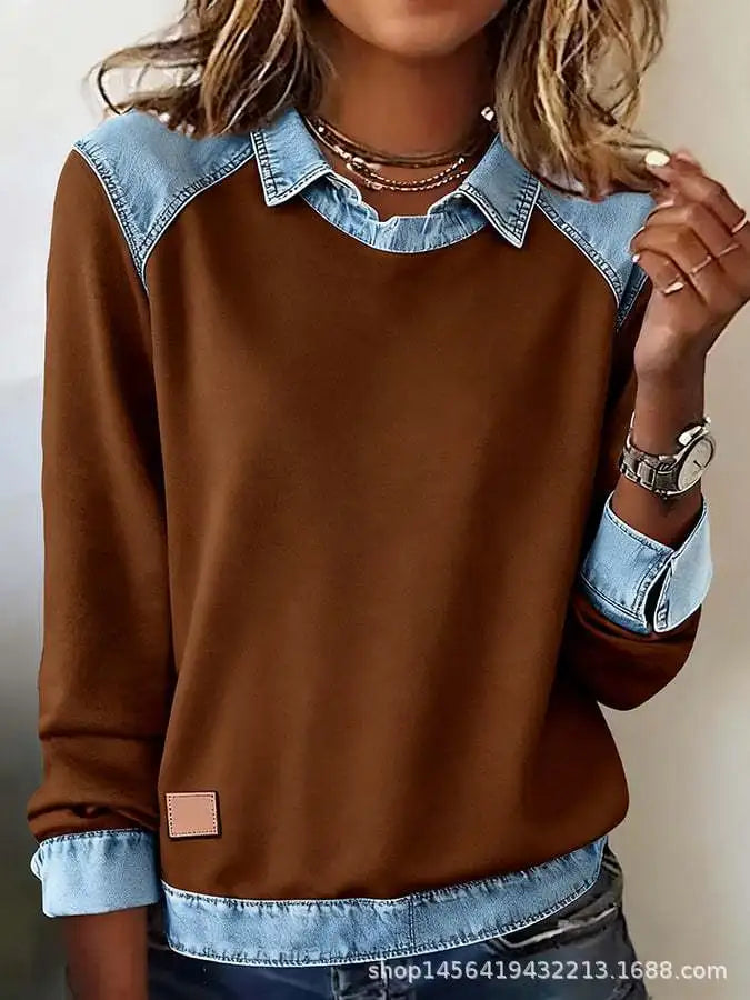 Brown denim-collar pullover with raglan sleeves