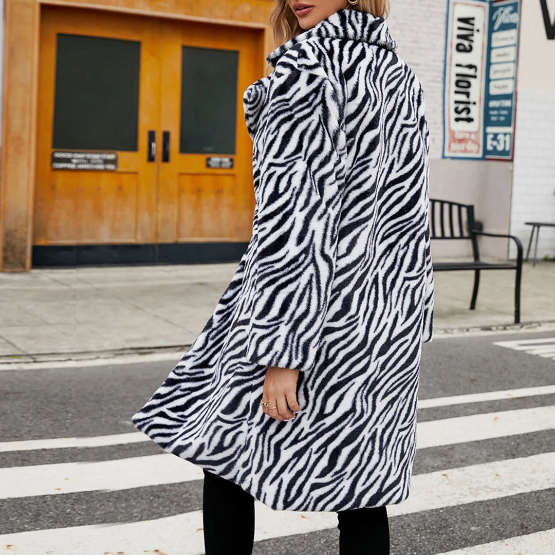 Back view of zebra print faux fur long coat