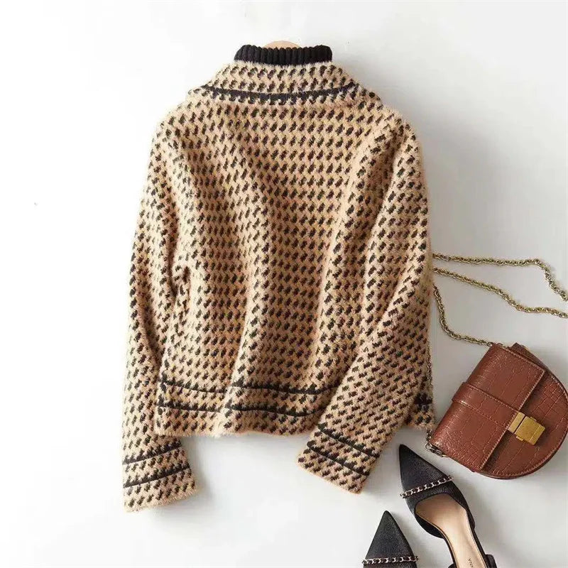 Camel houndstooth knit jacket, back view