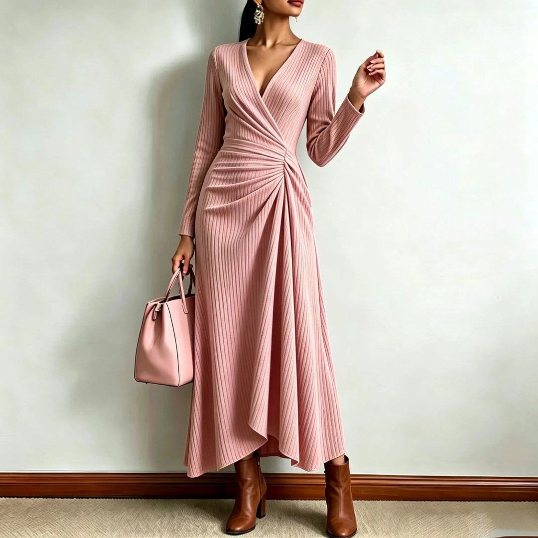 Pink ribbed knit wrap maxi dress, close up front view